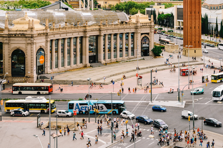 BARCELONA, SPAIN - AUGUST 05, 2016: Aerial Panoramic View Of High Traffic And People In Downtown Barcelona City Of Spain.のeditorial素材