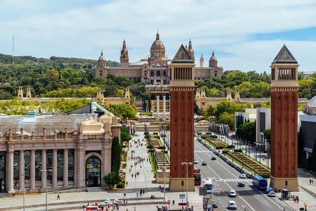 BARCELONA, SPAIN - AUGUST 05, 2016: Aerial Panoramic View Of High Traffic And People In Downtown Barcelona City Of Spain.のeditorial素材