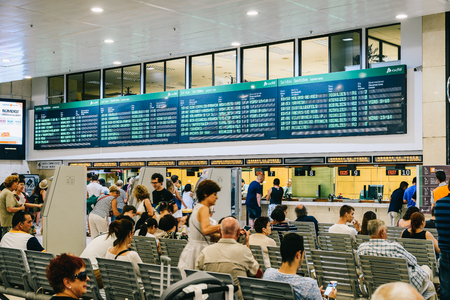 BARCELONA, SPAIN - AUGUST 05, 2016: Built in 1970 Barcelona Sants is the main railway station and the most important transport hub in Barcelona.のeditorial素材