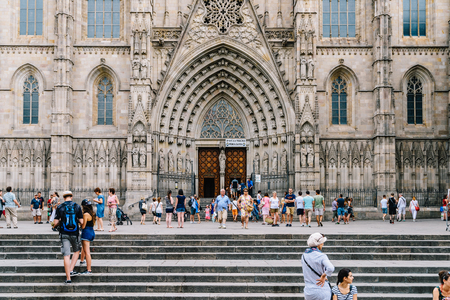 BARCELONA, SPAIN - AUGUST 05, 2016: Built in 1339 Gothic Cathedral of the Holy Cross and Saint Eulalia (Catedral de la Santa Cruz y Santa Eulalia) is also known as Barcelona Cathedral.のeditorial素材