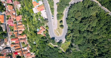 Aerial Drone Fly Over Carpathian Mountains Forest In Transylvaniaの写真素材