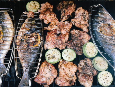 Fish And Vegetables Homemade Barbecueの写真素材