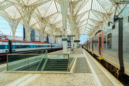 LISBON, PORTUGAL - AUGUST 10, 2017: Gare do Oriente (Lisbon Oriente Station) is one of the main Portuguese intermodal transport hubs located in the civil parish of Parque das Nacoes Lisbon.のeditorial素材