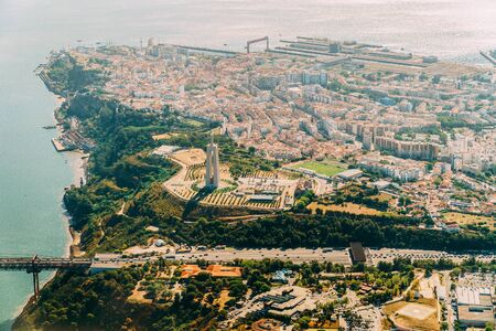 Aerial Airplane View Of Lisbon City In Portugalの写真素材