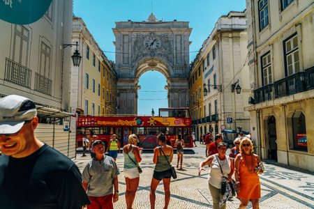 LISBON, PORTUGAL - AUGUST 11, 2017: Built to commemorate the city reconstruction after the 1755 earthquake, Rua Augusta Arch is a triumphal arch historical building and visitor attraction in Lisbon.のeditorial素材