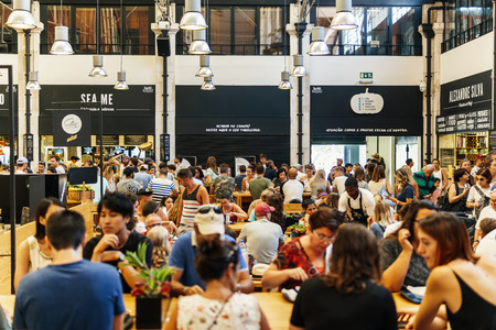 LISBON, PORTUGAL - AUGUST 12, 2017: Time Out Market is a food hall located in Mercado da Ribeira at Cais do Sodre in Lisbon and is a major touristic attraction for food lovers all over the world.のeditorial素材