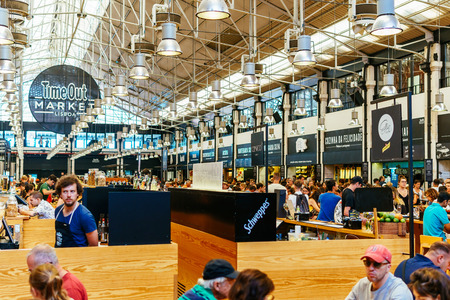 LISBON, PORTUGAL - AUGUST 12, 2017: Time Out Market is a food hall located in Mercado da Ribeira at Cais do Sodre in Lisbon and is a major touristic attraction for food lovers all over the world.のeditorial素材