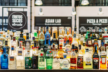 LISBON, PORTUGAL - AUGUST 11, 2017: Alcohol Bottles On Restaurant Drink Barのeditorial素材