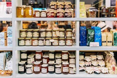 LISBON, PORTUGAL - AUGUST 11, 2017: Sweet Jam Comfiture Jars In Fruit Supermarket.のeditorial素材
