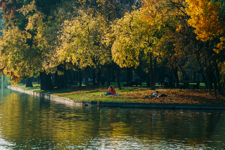 BUCHAREST, ROMANIA - OCTOBER 21, 2017: People Taking A Walk On Beautiful Autumn Day In Bucharest Park.のeditorial素材