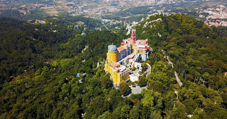 Aerial View Of Pena Palace Built in 1854 In Sintra, Portugal.のeditorial素材