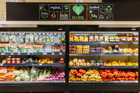 LISBON, PORTUGAL - AUGUST 15, 2017: Healthy Fresh Fruits and Vegetables For Sale In Supermarketのeditorial素材