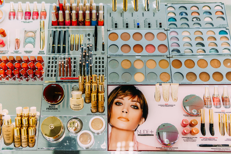LISBON, PORTUGAL - AUGUST 15, 2017: Makeup, Skincare And Cosmetic Products For Sale In Fashion Beauty Department Store Displayのeditorial素材