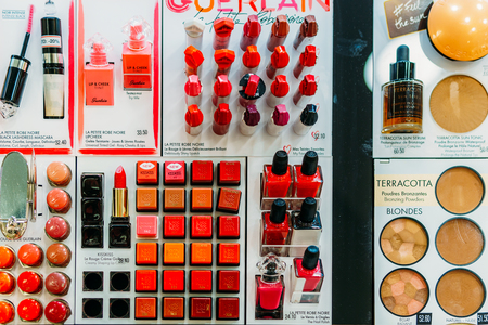 LISBON, PORTUGAL - AUGUST 15, 2017: Makeup, Skincare And Cosmetic Products For Sale In Fashion Beauty Department Store Displayのeditorial素材