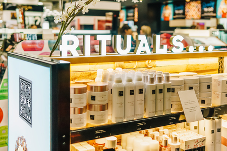 LISBON, PORTUGAL - AUGUST 15, 2017: Makeup, Skincare And Cosmetic Products For Sale In Fashion Beauty Department Store Displayのeditorial素材
