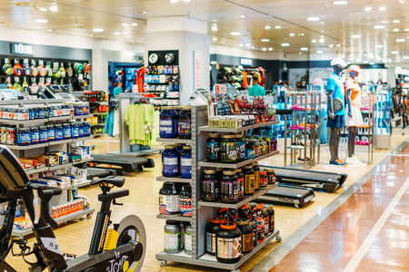 LISBON, PORTUGAL - AUGUST 15, 2017: Sport Apparel And Equipment For Sale In Shopping Mallのeditorial素材