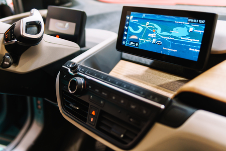 BUCHAREST, ROMANIA - MARCH 28, 2018: GPS Map Screen Closeup Of a  Sports Car.のeditorial素材