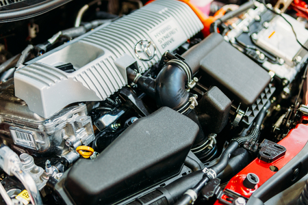 BUCHAREST, ROMANIA - MARCH 28, 2018: Sports Car Powerful Engine Closeup Viewのeditorial素材