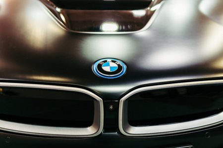 BUCHAREST, ROMANIA - MARCH 28, 2018: BMW Sign Close Up. Bayerische Motoren Werke AG commonly known as BMW is a German automobile, motorcycle and engine manufacturing company founded in 1916.のeditorial素材