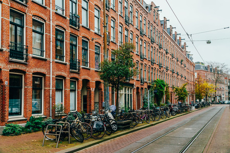 AMSTERDAM, NETHERLANDS - NOVEMBER 08, 2017: Bicycles Parked In Downtown City Of Amsterdam During Autumnのeditorial素材