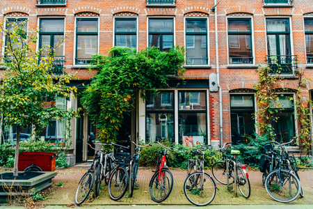 AMSTERDAM, NETHERLANDS - NOVEMBER 08, 2017: Bicycles Parked In Downtown City Of Amsterdam During Autumnのeditorial素材