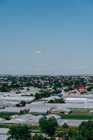 Aerial Drone View Of Agricultural Vegetables Fields Plantation And Greenhouses In Matca Village Of Romaniaの写真素材