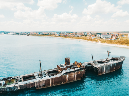 Aerial Drone View Of Old Shipwreck Ghost Ship Vesselの写真素材