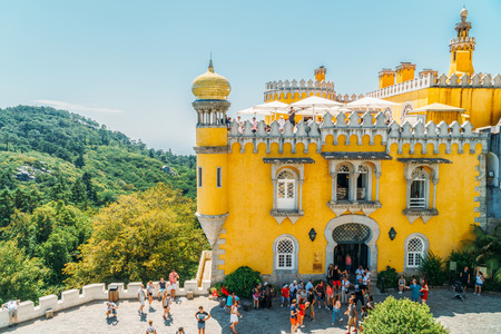 SINTRA, PORTUGAL - AUGUST 21, 2017: Tourists Visit Romanticist Castle Of Pena Palace Located In Sintra Mountainsのeditorial素材