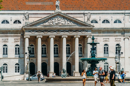 LISBON, PORTUGAL - AUGUST 20, 2017: Rossio Square (Praca de Don Pedro IV) Is Located In Pombaline Downtown Of Lisboa And Is One Of The Main Touristic Squaresのeditorial素材