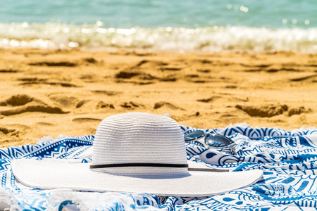Round Beach Towel, Hat And Sunglasses In Summer Vacation