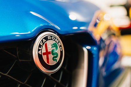 BUCHAREST, ROMANIA - OCTOBER 19, 2018: Alfa Romeo Logo Sign Closeup View On Car Front Grillのeditorial素材