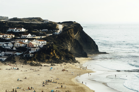Beautiful Ocean Beach, Mountains And Small Town Landscape In Algarve, Portugalの写真素材