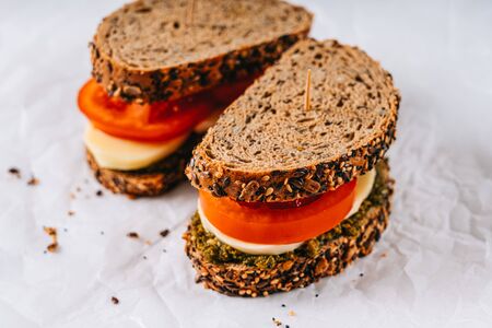 Pesto, Mozzarella And Tomato Toastの写真素材