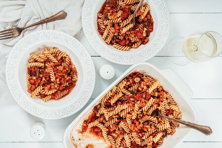 Traybake Fusilli Pasta With Aubergine, Peppers, Tomatoes And Mushroomsの写真素材