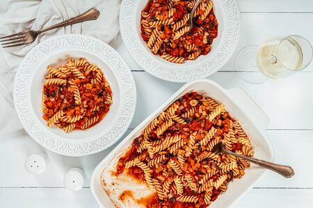 Traybake Fusilli Pasta With Aubergine, Peppers, Tomatoes And Mushroomsの写真素材