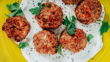 Sweet Pork Meatballs With Yoghurt And Parsleyの写真素材