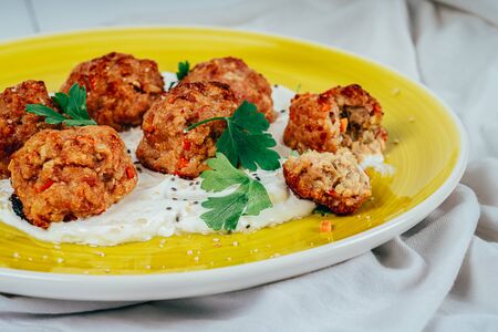 Sweet Pork Meatballs With Yoghurt And Parsleyの写真素材
