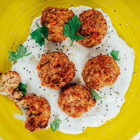 Sweet Pork Meatballs With Yoghurt And Parsleyの写真素材
