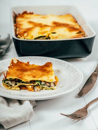 Lasagna Tray Bake With Butternut Squash, Spinach, Ricotta Cheese And Mozzarellaの写真素材