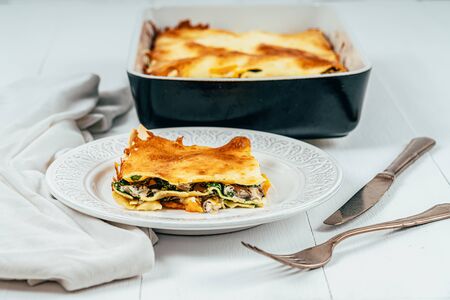Lasagna Tray Bake With Butternut Squash, Spinach, Ricotta Cheese And Mozzarellaの写真素材