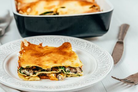 Lasagna Tray Bake With Butternut Squash, Spinach, Ricotta Cheese And Mozzarellaの写真素材