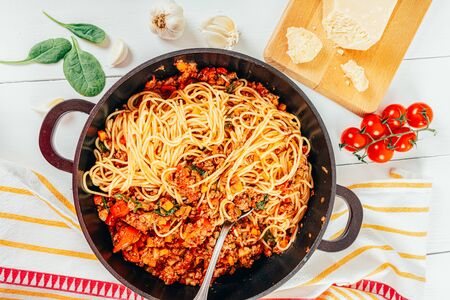 Spaghetti Bolognese With Carrots, Pepper and Courgetteの写真素材