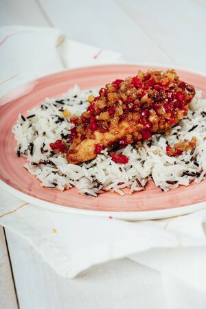 Oven Baked Chicken With Red, Yellow Pepper And Riceの写真素材