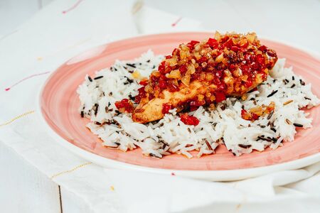 Oven Baked Chicken With Red, Yellow Pepper And Riceの写真素材