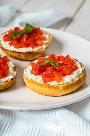 Tomatoes And Goat Cheese Bruschettiの写真素材
