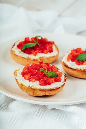 Tomatoes And Goat Cheese Bruschettiの写真素材