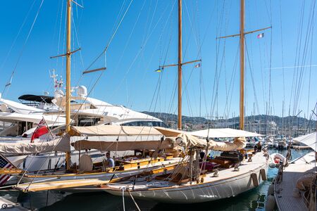 CANNES, FRANCE - JUNE 01, 2019: Luxurious Yachts And Boats In Cannes Harbor Port At Mediterranean...