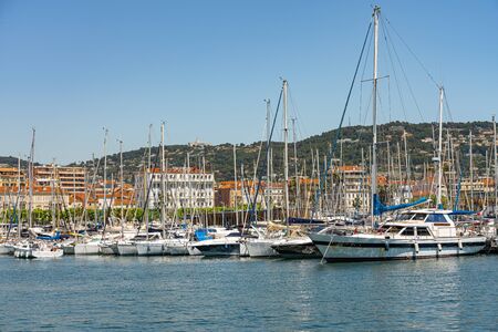 CANNES, FRANCE - JUNE 01, 2019: Luxurious Yachts And Boats In Cannes Harbor Port At Mediterranean Seaのeditorial素材
