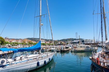 CANNES, FRANCE - JUNE 01, 2019: Luxurious Yachts And Boats In Cannes Harbor Port At Mediterranean Seaのeditorial素材