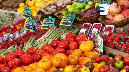 CANNES, FRANCE - JUNE 01, 2019: Healthy Fresh Fruits and Vegetables For Sale In Supermarketのeditorial素材